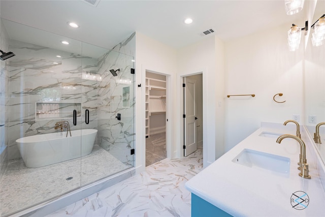 full bathroom with a sink, visible vents, a marble finish shower, and marble finish floor