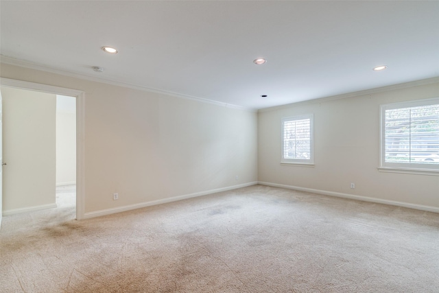 empty room featuring light colored carpet and ornamental molding