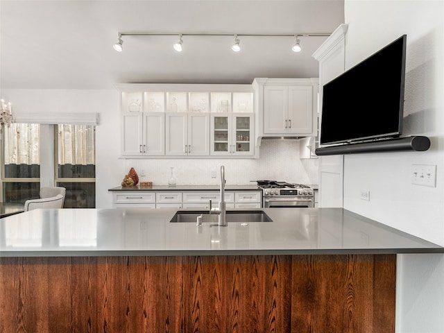 kitchen featuring gas stove, sink, white cabinets, and backsplash