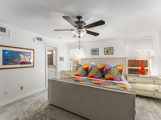 bedroom with ceiling fan, ornamental molding, and carpet