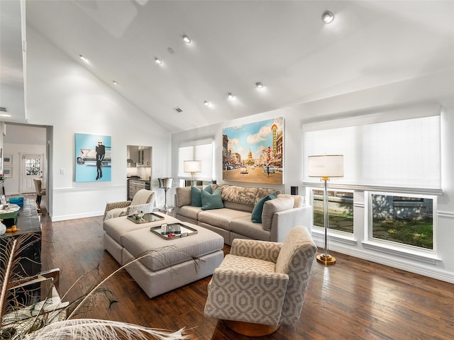 living room featuring dark hardwood / wood-style floors and high vaulted ceiling