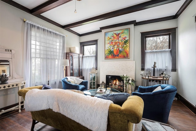 living room featuring ornamental molding, dark wood-type flooring, and beam ceiling