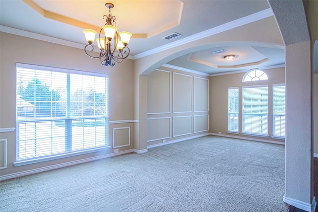 carpeted empty room featuring crown molding, a healthy amount of sunlight, and a tray ceiling