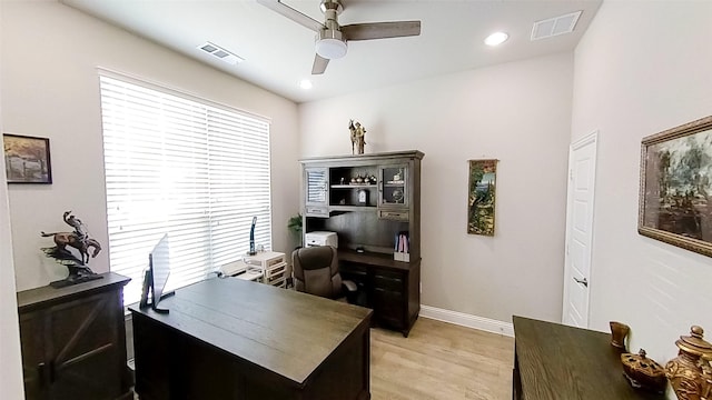 office area featuring ceiling fan and light hardwood / wood-style floors