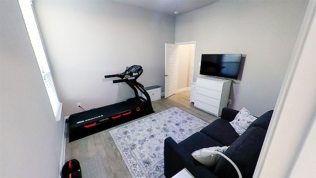 exercise area with light hardwood / wood-style floors