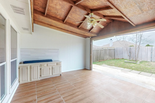 view of patio with ceiling fan and area for grilling