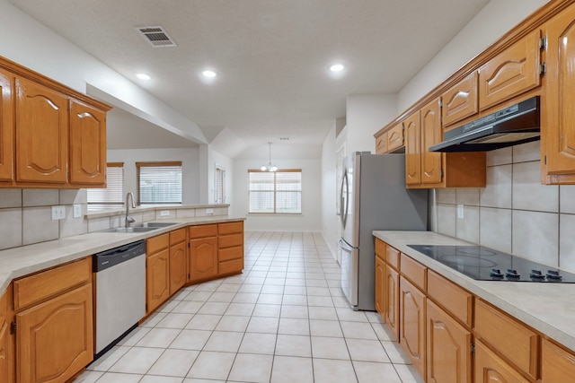 kitchen featuring appliances with stainless steel finishes, pendant lighting, sink, backsplash, and light tile patterned floors