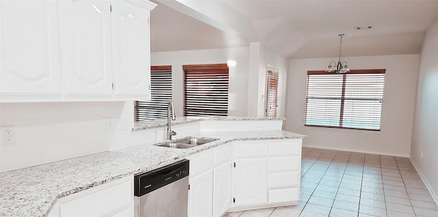 3821 Red Oak St, Sachse, TX 75048 - kitchen with stainless steel dishwasher, a sink, a peninsula, light tile patterned floors, and white cabinetry