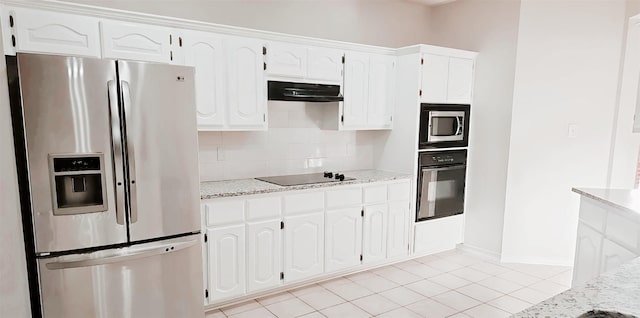 3821 Red Oak St, Sachse, TX 75048 - kitchen with black appliances, backsplash, under cabinet range hood, white cabinets, and light tile patterned flooring