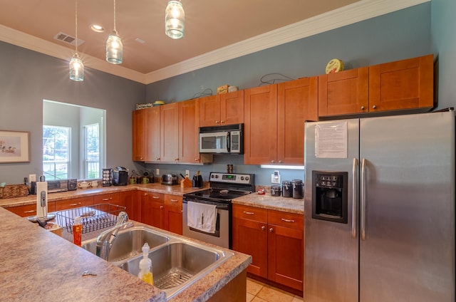 kitchen featuring sink, light tile patterned floors, appliances with stainless steel finishes, hanging light fixtures, and ornamental molding