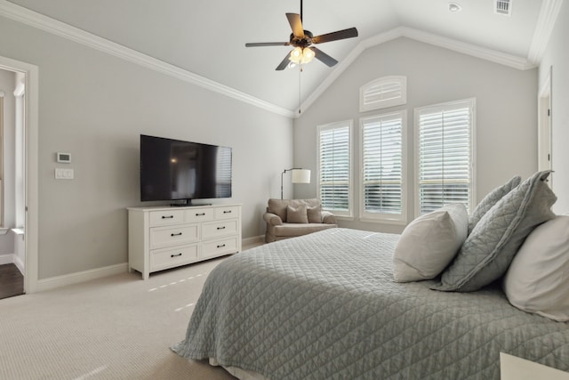 bedroom with lofted ceiling, light carpet, a ceiling fan, baseboards, and crown molding