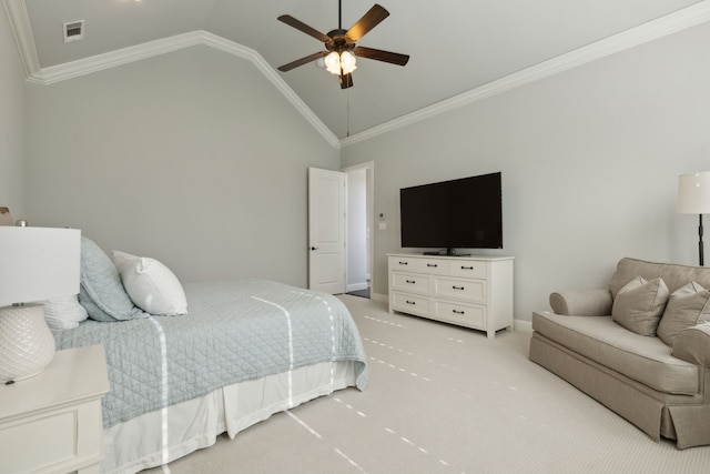 bedroom with light carpet, ornamental molding, visible vents, and baseboards