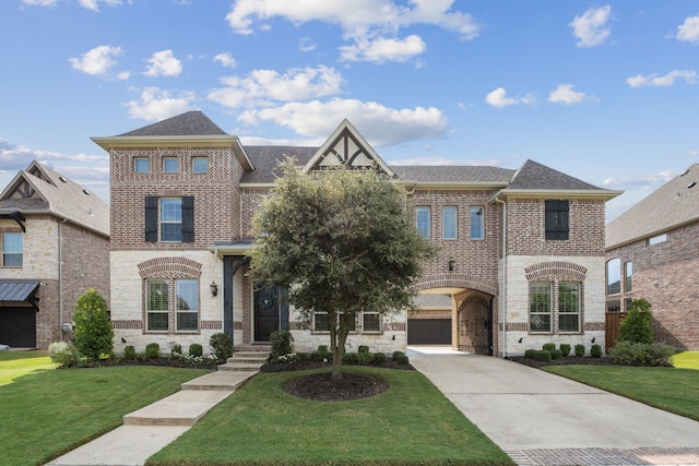 view of front facade featuring a shingled roof, brick siding, driveway, stone siding, and a front lawn