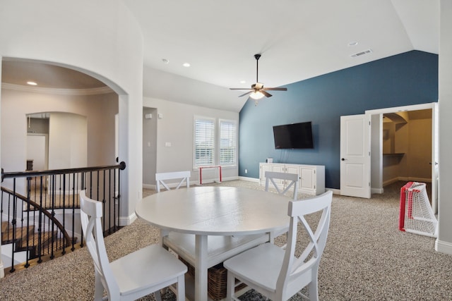 dining area with recessed lighting, visible vents, baseboards, vaulted ceiling, and a ceiling fan