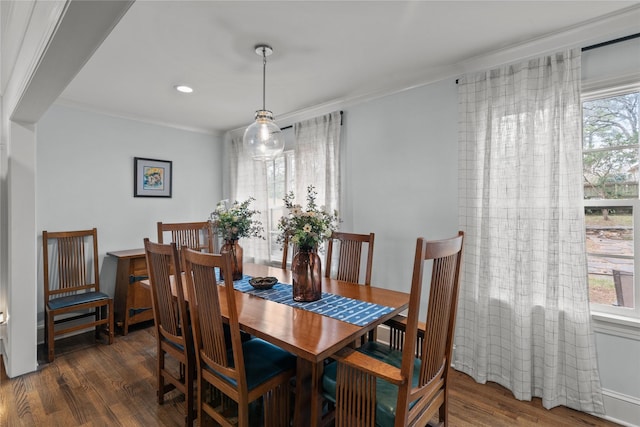 dining space featuring ornamental molding and dark wood-type flooring