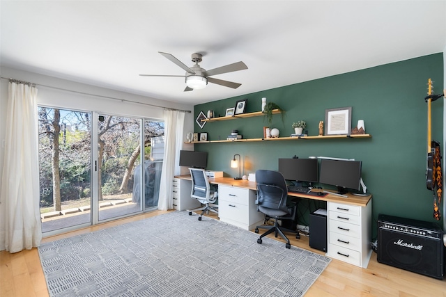 office area featuring ceiling fan and light hardwood / wood-style flooring