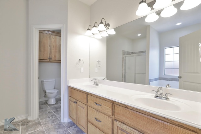 full bathroom with toilet, vanity, shower with separate bathtub, and tile patterned flooring