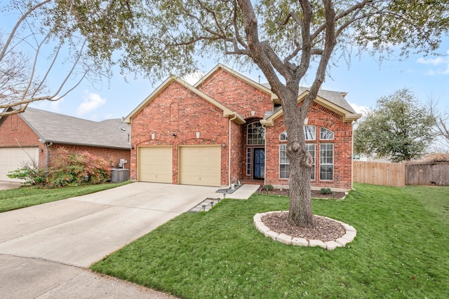 view of property featuring central AC unit, a garage, and a front lawn