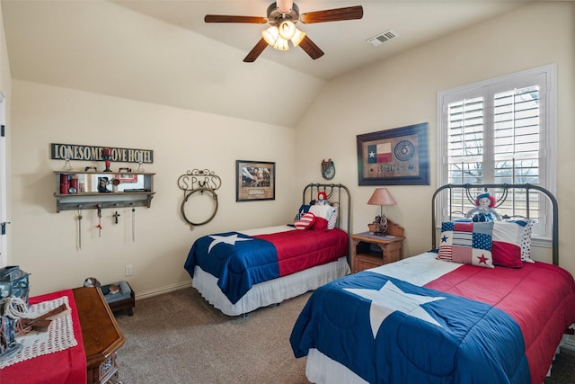 carpeted bedroom featuring lofted ceiling and ceiling fan