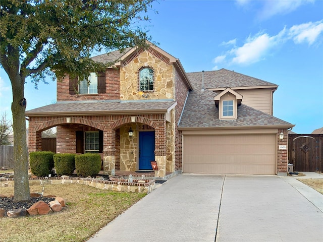 traditional-style house with brick siding, a shingled roof, a porch, stone siding, and driveway