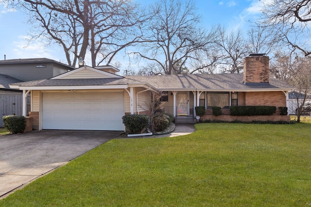 single story home with a garage, covered porch, and a front yard