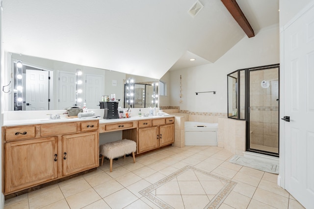 bathroom featuring a shower with door, tile patterned flooring, tile walls, vaulted ceiling with beams, and vanity