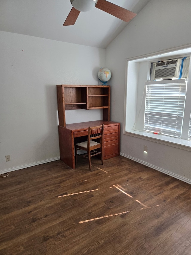 unfurnished office featuring ceiling fan, lofted ceiling, a wall unit AC, and dark hardwood / wood-style flooring