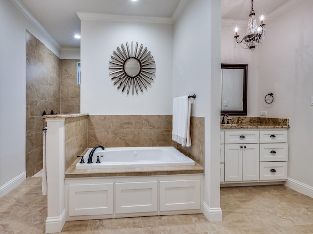 bathroom with ornamental molding, vanity, and a washtub