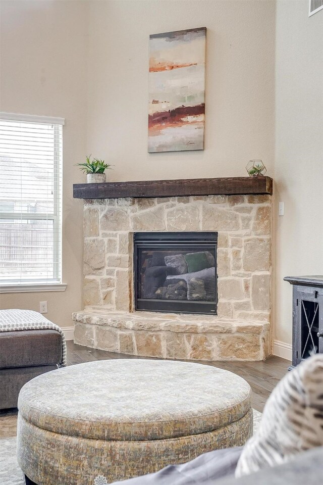 interior space featuring wood-type flooring and a fireplace