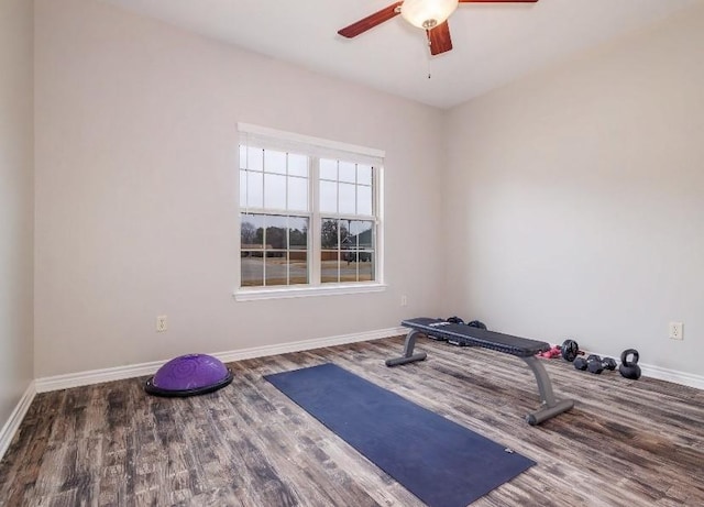 workout area with ceiling fan and hardwood / wood-style floors