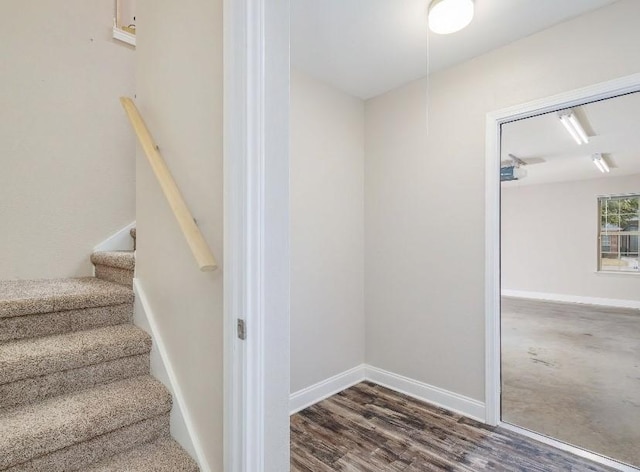 stairs featuring hardwood / wood-style floors