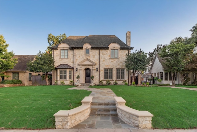 french country inspired facade with stone siding, a front lawn, a chimney, and fence