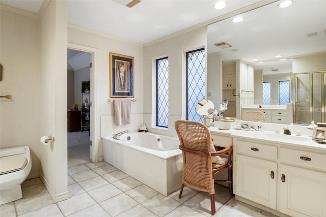 bathroom featuring a shower with door, tile patterned flooring, vanity, ornamental molding, and a healthy amount of sunlight