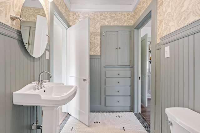 bathroom with ornamental molding, toilet, and sink