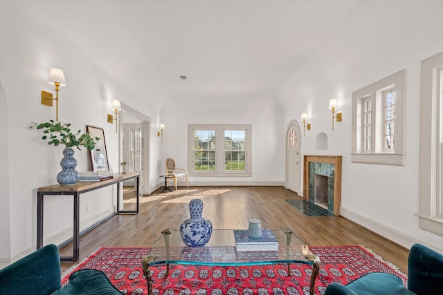 living room featuring a premium fireplace and light wood-type flooring