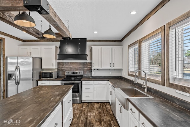 kitchen with white cabinetry, sink, custom range hood, and appliances with stainless steel finishes