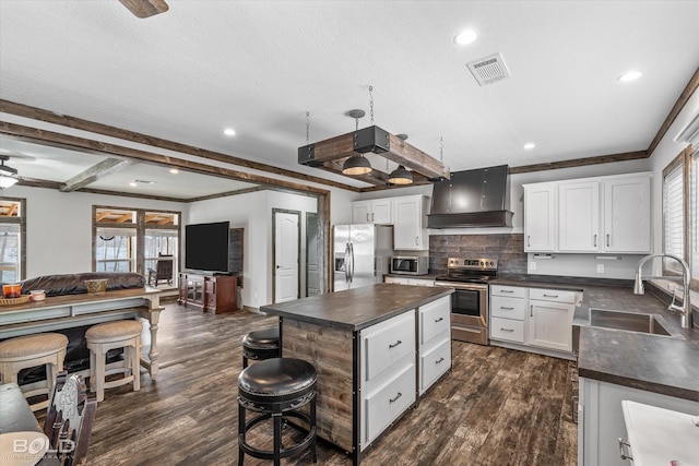 kitchen with premium range hood, sink, appliances with stainless steel finishes, a kitchen island, and white cabinets