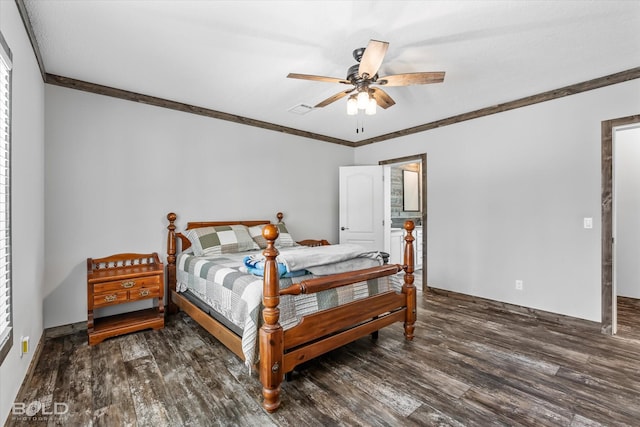 bedroom featuring ornamental molding, dark hardwood / wood-style floors, and ceiling fan