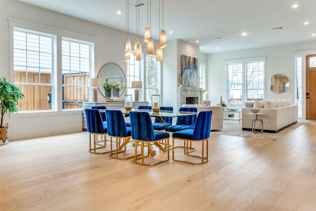 dining area with a healthy amount of sunlight and light hardwood / wood-style floors