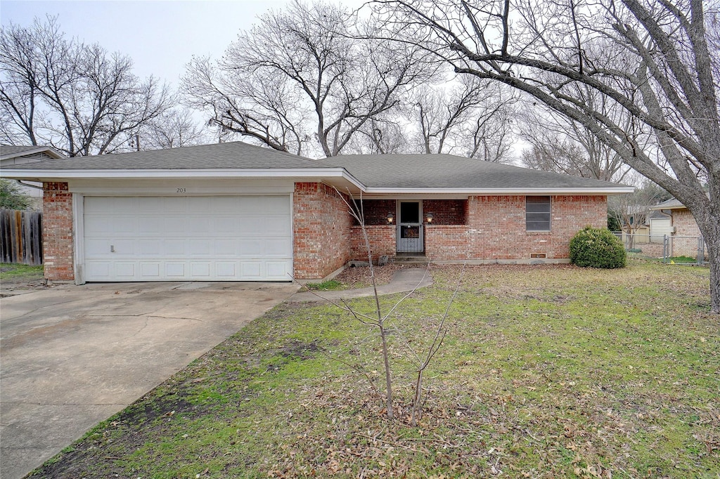 single story home featuring a garage and a front yard