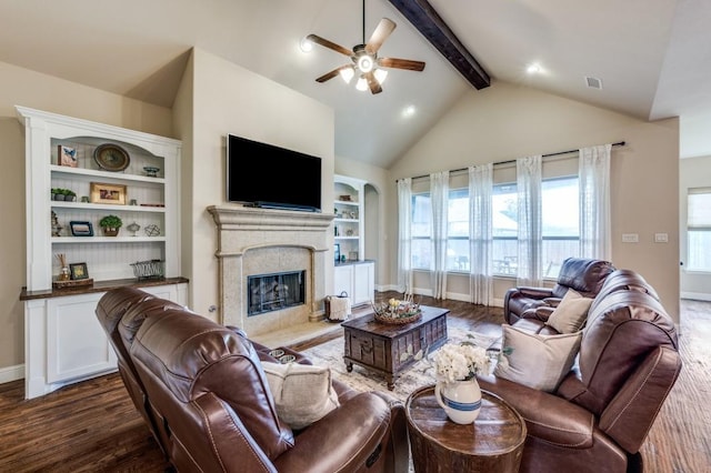401 Devonshire Dr, Prosper, TX 75078 - living room featuring a ceiling fan, dark wood finished floors, a high end fireplace, and recessed lighting