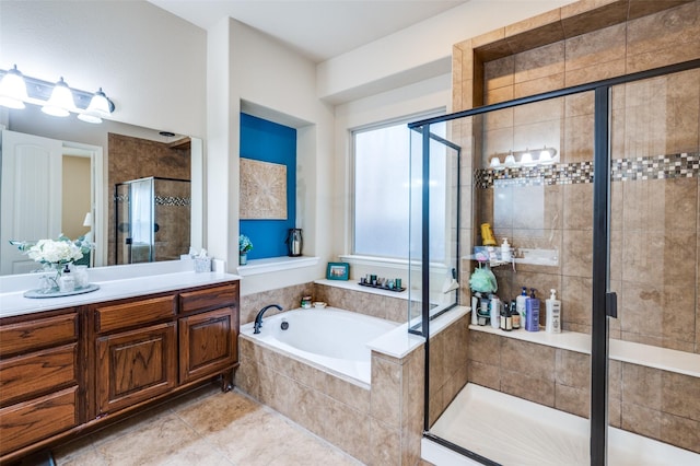 401 Devonshire Dr, Prosper, TX 75078 - bathroom featuring vanity, a bath, a shower stall, and tile patterned floors
