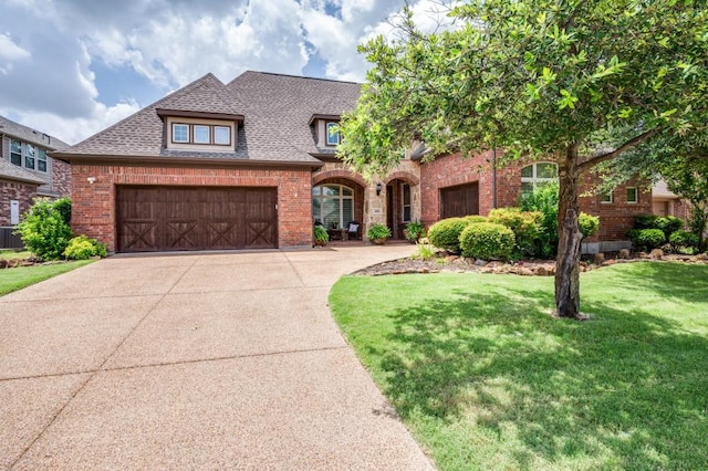 401 Devonshire Dr, Prosper, TX 75078 - french country inspired facade featuring brick siding, driveway, a front yard, and a shingled roof
