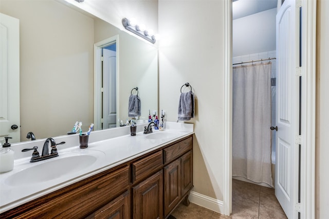 401 Devonshire Dr, Prosper, TX 75078 - bathroom with double vanity, tile patterned floors, and curtained shower