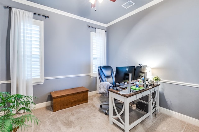 401 Devonshire Dr, Prosper, TX 75078 - carpeted office space with a ceiling fan, crown molding, and baseboards