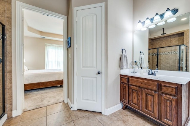 401 Devonshire Dr, Prosper, TX 75078 - bathroom featuring a shower stall, ensuite bath, vanity, and tile patterned flooring