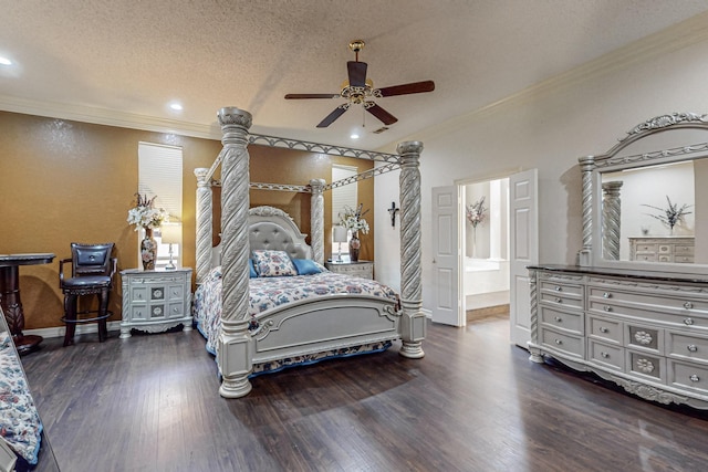 bedroom featuring dark hardwood / wood-style floors, connected bathroom, ceiling fan, crown molding, and a textured ceiling