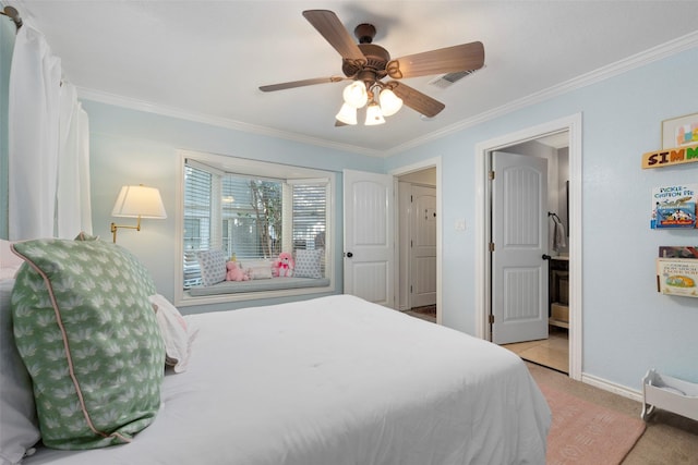 bedroom featuring crown molding, light colored carpet, and ceiling fan