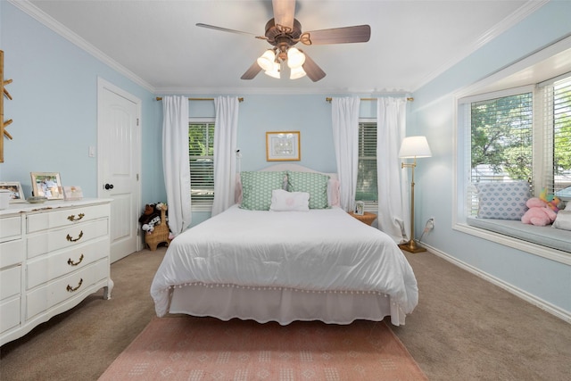 bedroom featuring light carpet, crown molding, and ceiling fan