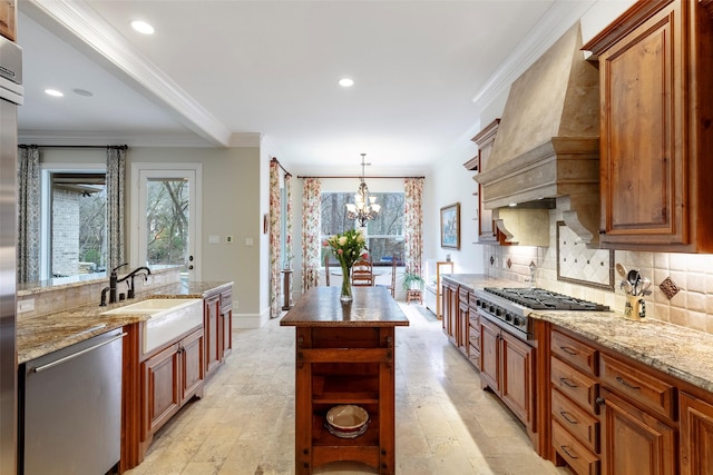 kitchen with stainless steel appliances, a center island, custom range hood, and backsplash